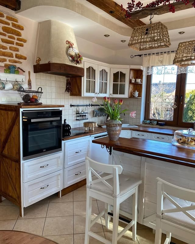 14. European Country Island in White and Rich Chestnut - rustic kitchen island ideas