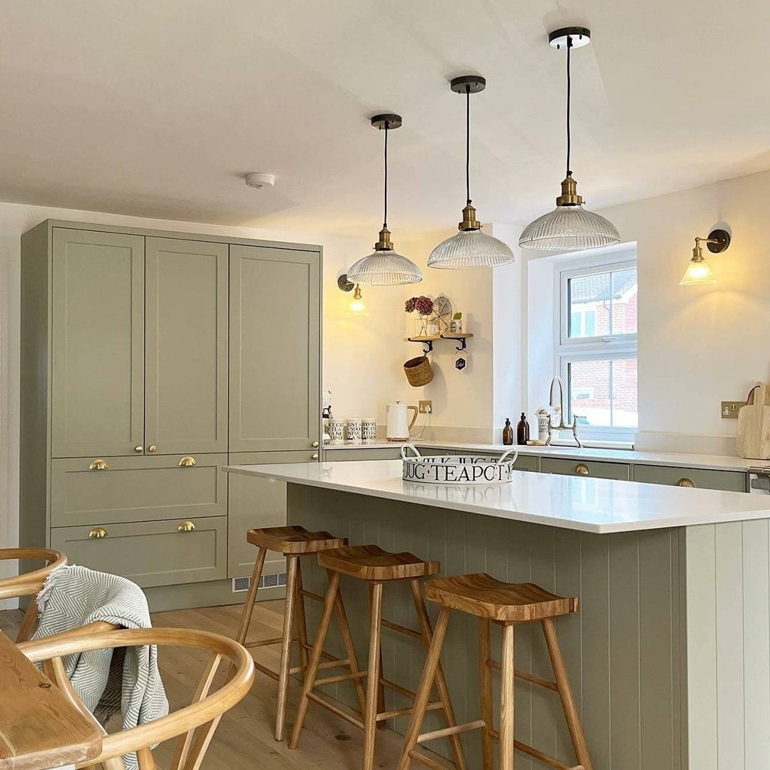 21. Soft Green Farmhouse Island with White Quartz - rustic kitchen island ideas