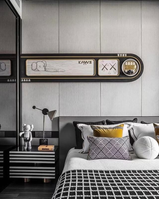 3. Modern Graphic Gray Bedroom with Yellow Highlights - yellow and gray bedroom ideas