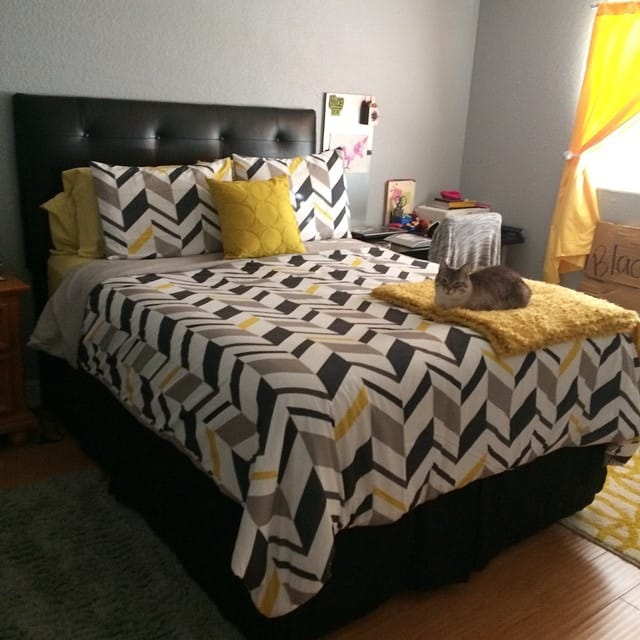 5. Chevron Yellow and Gray Bedroom with Cozy Layers - yellow and gray bedroom ideas