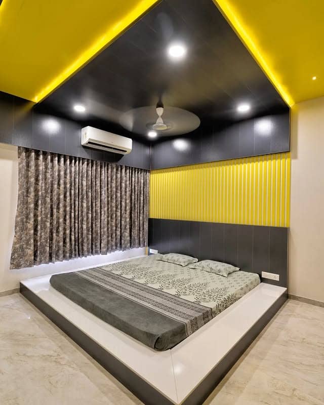7. Contemporary Yellow and Gray Bedroom with Architectural Lighting - yellow and gray bedroom ideas