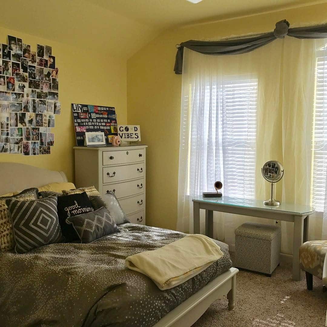 8. Youthful Yellow and Gray Bedroom with Personal Touches - yellow and gray bedroom ideas