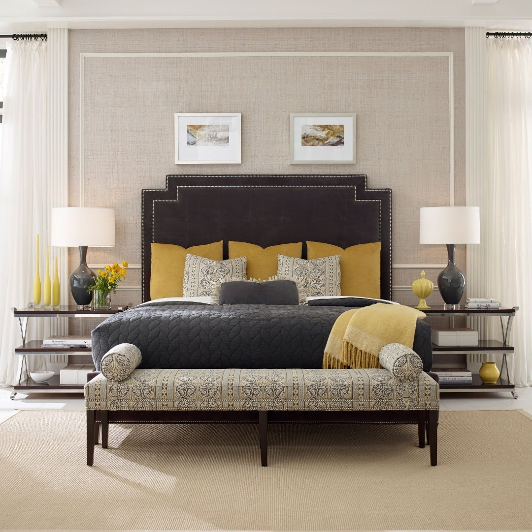10. Layered Yellow and Gray Bedroom with Tailored Details - yellow and gray bedroom ideas