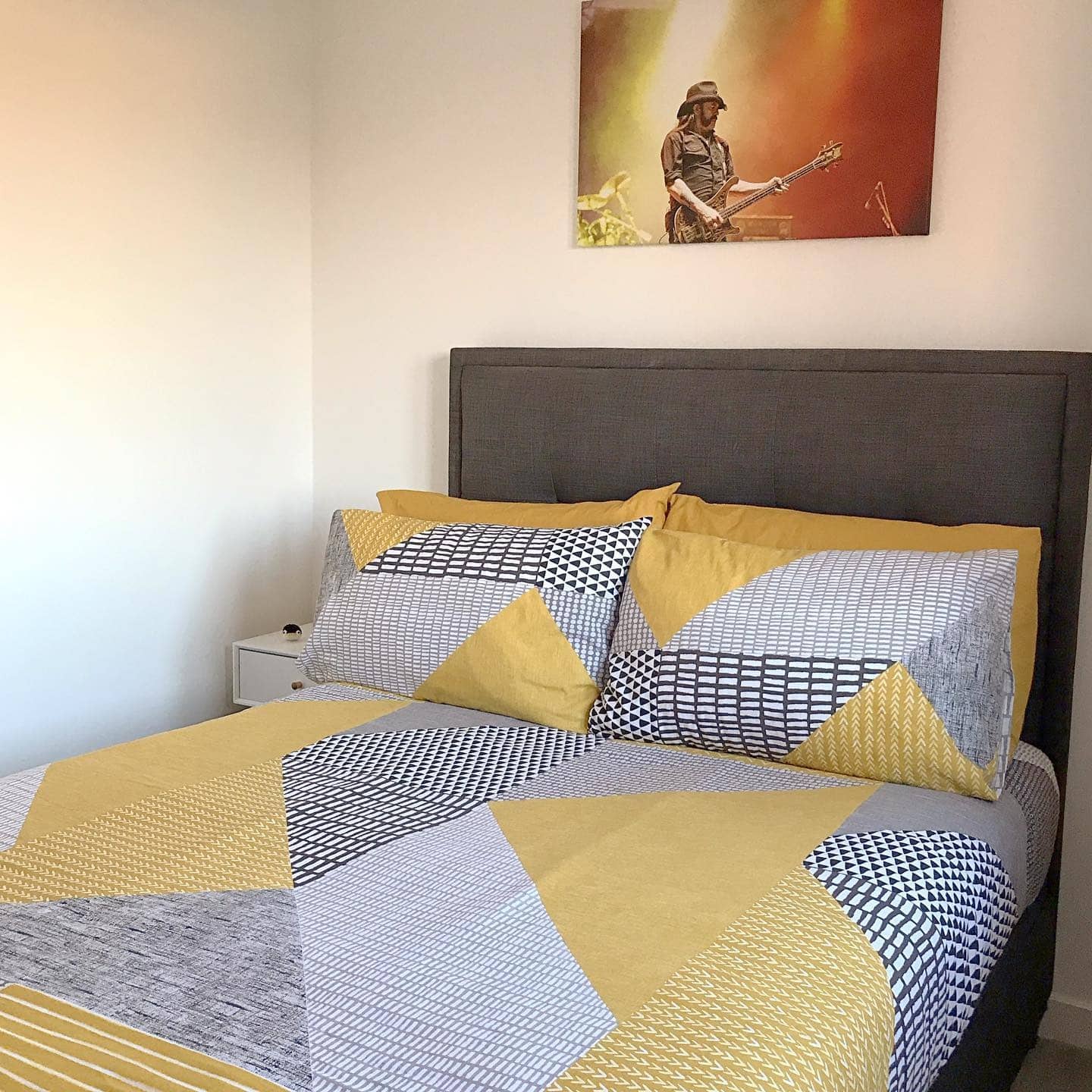 12. Modern Geometric Yellow and Gray Bedding Concept - yellow and gray bedroom ideas