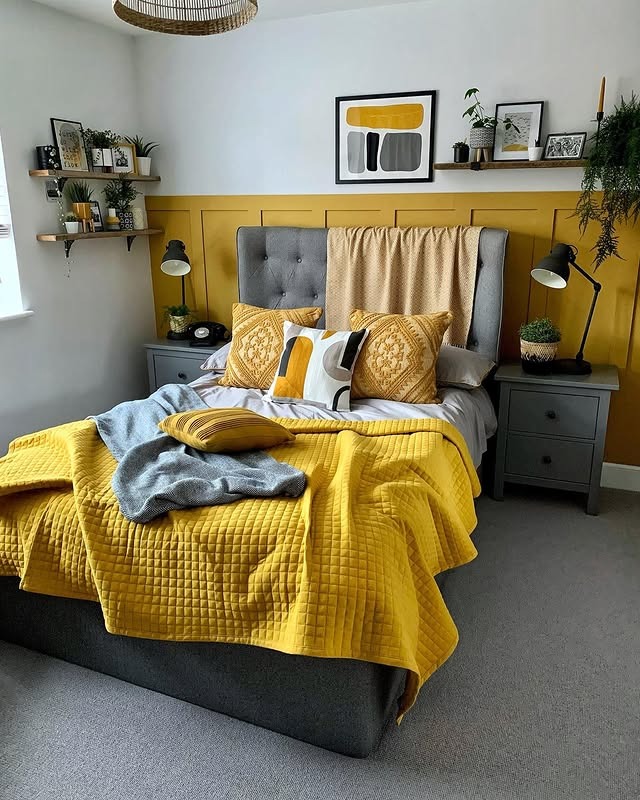 13. Warm Yellow Panel Accent with Gray Upholstered Bed - yellow and gray bedroom ideas