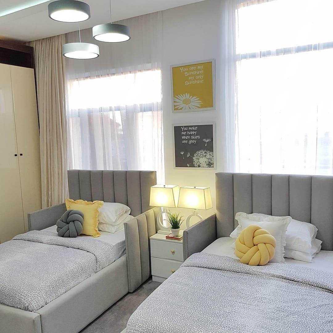 15. Bright Yellow and Gray Twin Bedroom Design - yellow and gray bedroom ideas