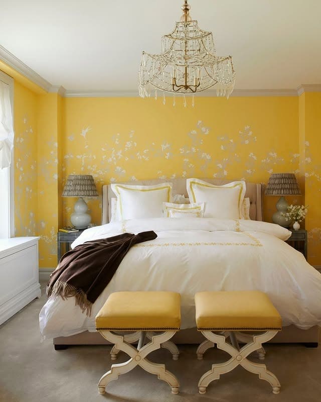 18. Elegant Yellow Statement Wall with Gray Upholstery - yellow and gray bedroom ideas