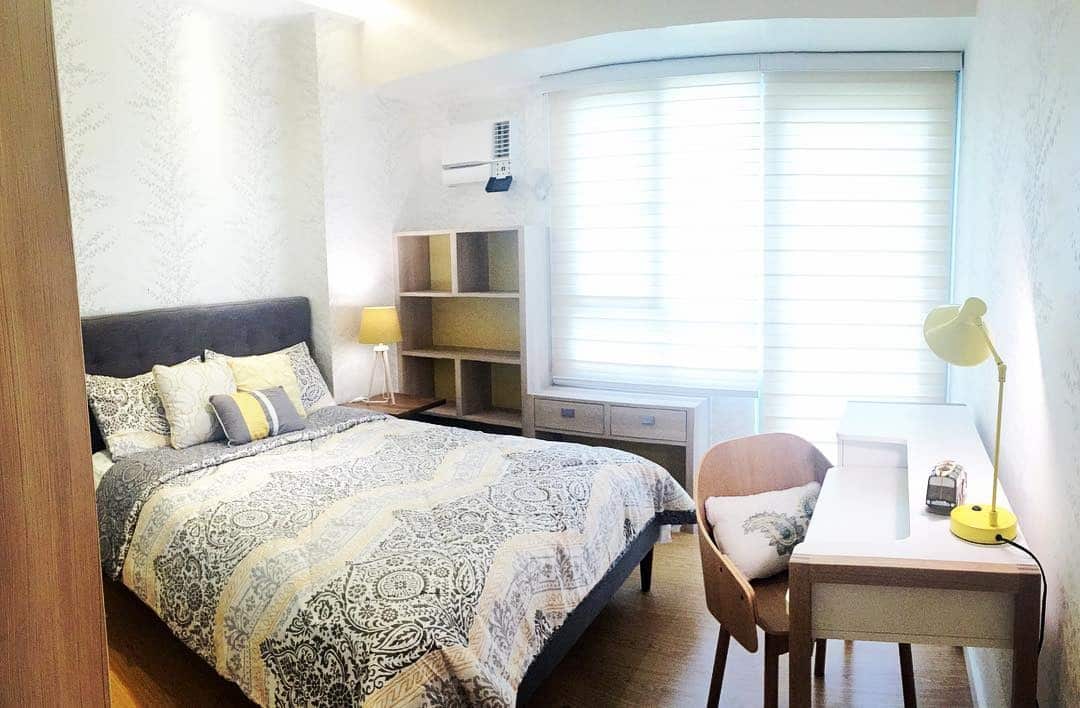 19. Modern Yellow and Gray Bedroom with Functional Workspace - yellow and gray bedroom ideas