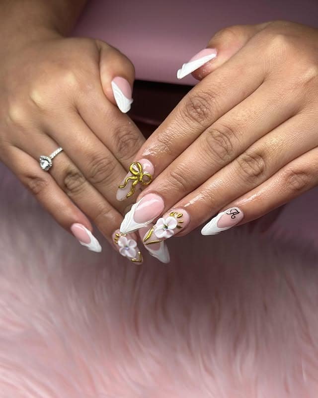 6. French Almond Nails with Gold Floral Art - white almond nail ideas