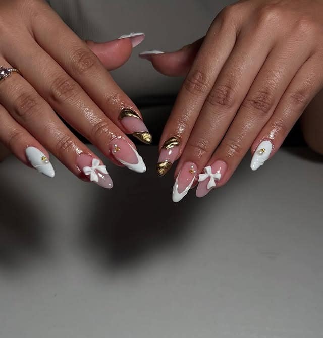 15. French Almond Nails with White Bows and Gold Foil - white almond nail ideas