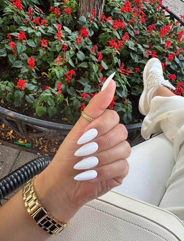 18. Gloss White Almond Nails for Everyday Wear - white almond nail ideas