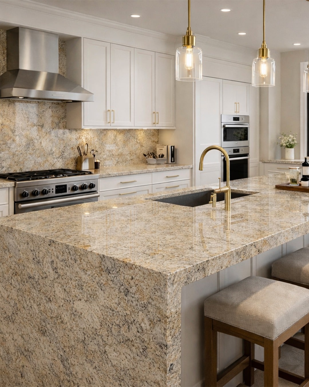 1. Warm Cream Granite with Gold Accents - granite countertops kitchen ideas