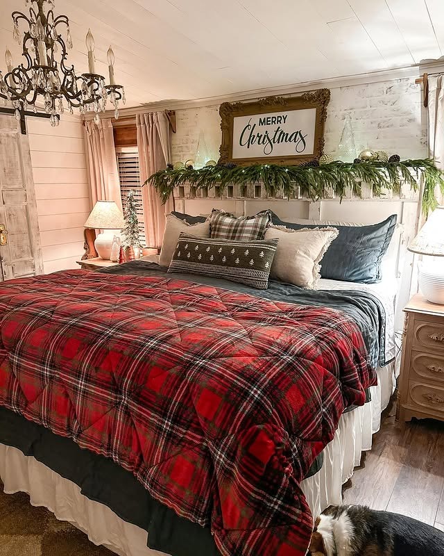 1. Classic Plaid Comfort in Red, Green, and Warm Neutrals - christmas bedroom ideas
