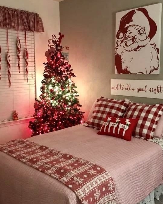 2. Cozy Cottage Christmas in Soft Red and Cream - christmas bedroom ideas