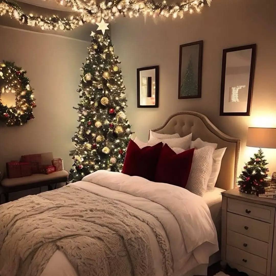 3. Elegant Holiday Glow in Warm White and Deep Red - christmas bedroom ideas