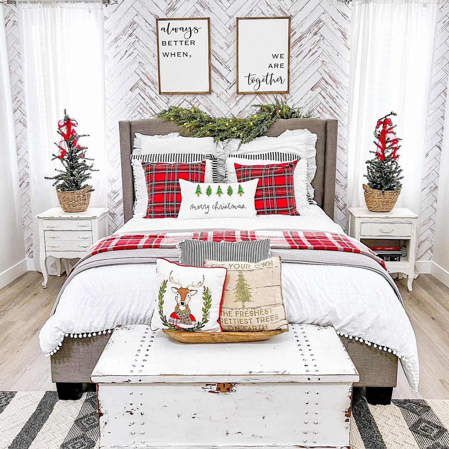 4. Farmhouse Christmas Layers in Red, White, and Natural Wood - christmas bedroom ideas
