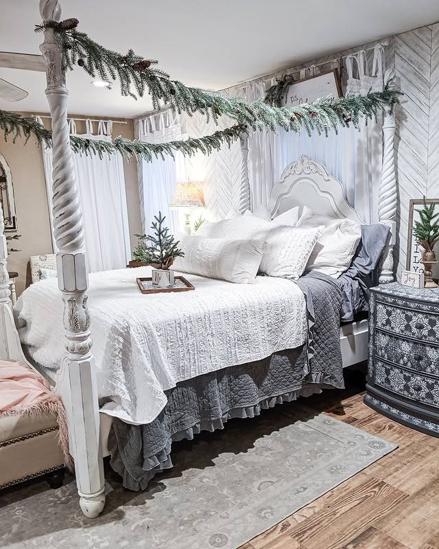 5. Winter Whites with Evergreen Accents and Soft Gray - christmas bedroom ideas