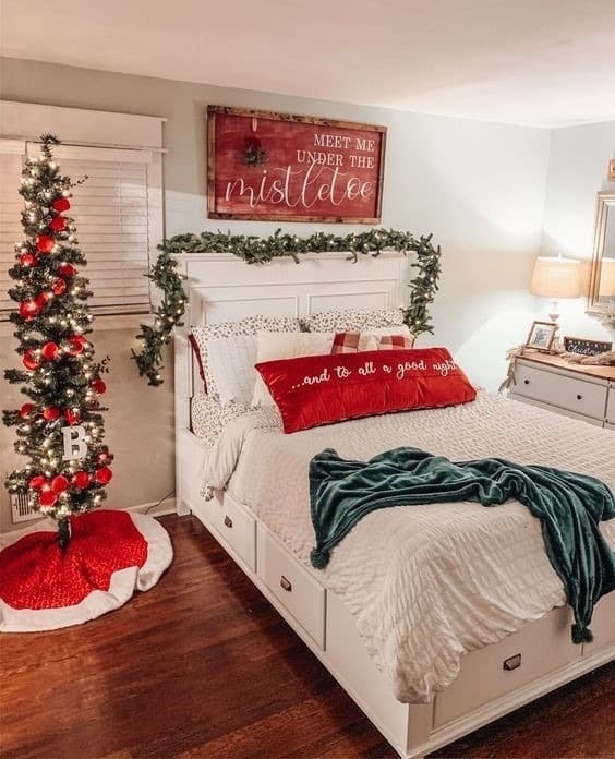 6. Traditional Holiday Charm in Red, Green, and White - christmas bedroom ideas