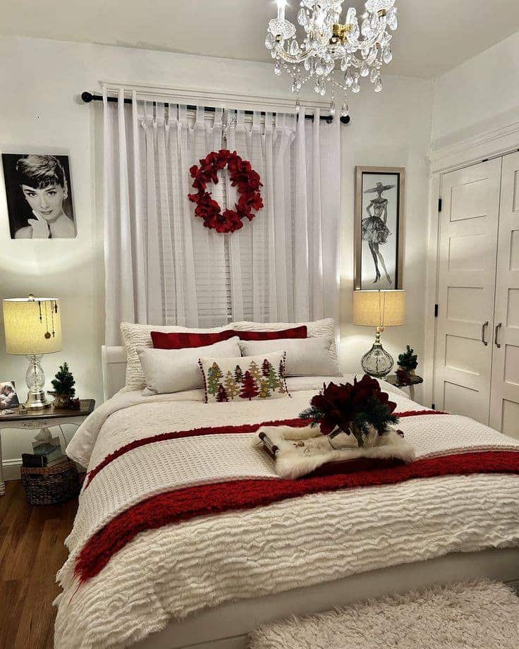 7. Vintage Holiday Elegance in Red, Cream, and Crystal - christmas bedroom ideas