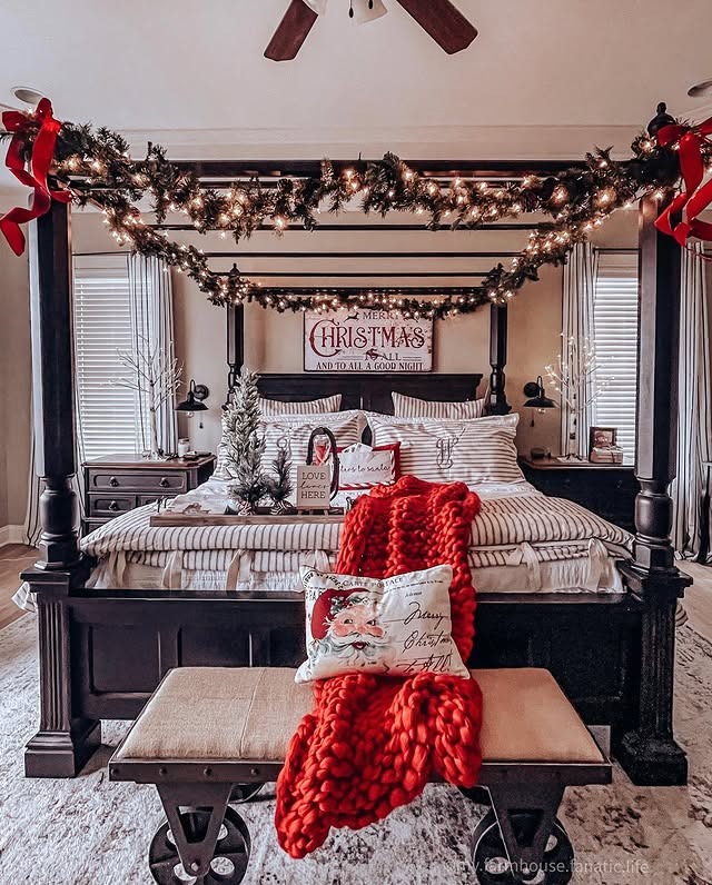8. Grand Christmas Statement in Red, Black, and Natural Greenery - christmas bedroom ideas