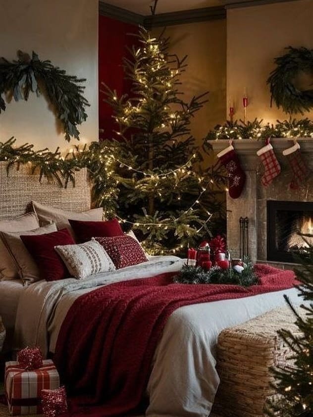 9. Fireside Christmas Retreat in Red, Green, and Warm Neutrals - christmas bedroom ideas