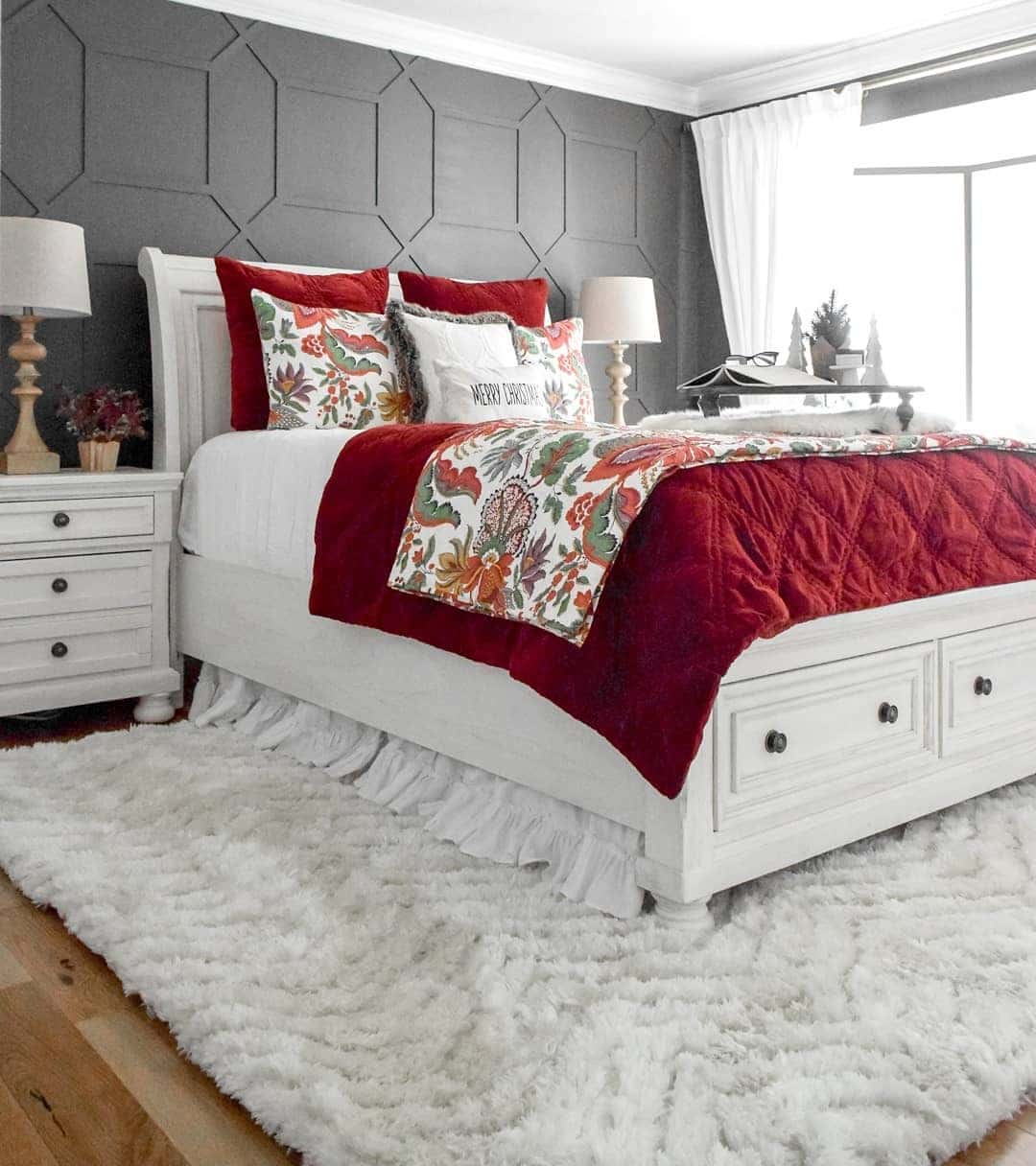 11. Modern Christmas Contrast in Red, White, and Charcoal Gray - christmas bedroom ideas