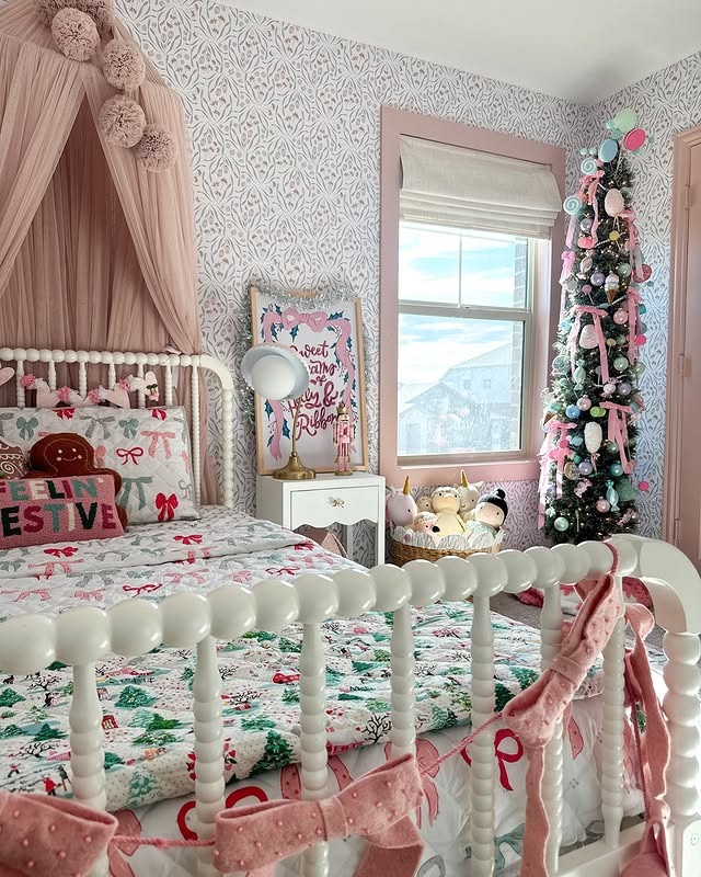 12. Whimsical Holiday Bedroom in Blush Pink, White, and Soft Green - christmas bedroom ideas