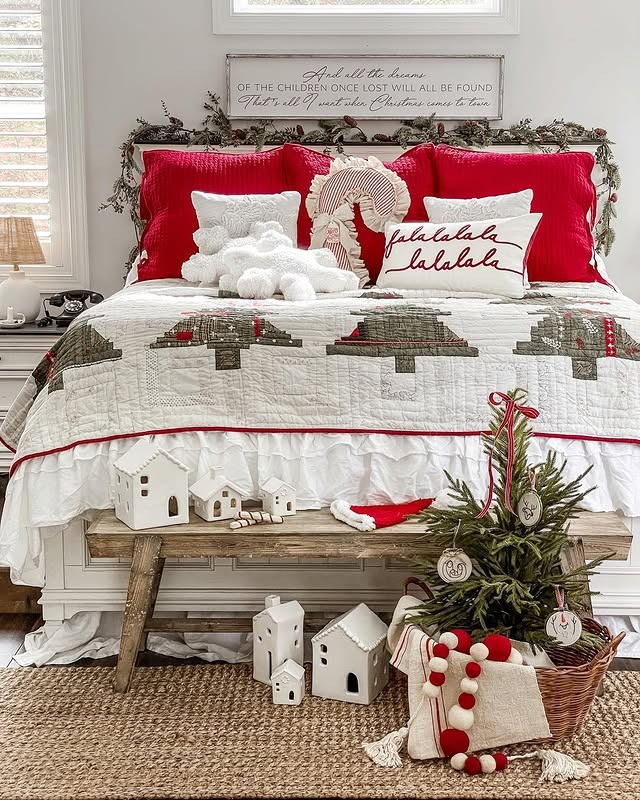 13. Traditional Holiday Comfort in Red, White, and Natural Wood - christmas bedroom ideas