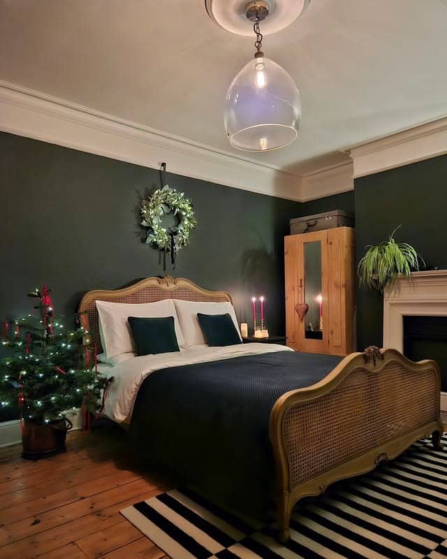 14. Moody Christmas Elegance in Forest Green and Warm Wood - christmas bedroom ideas