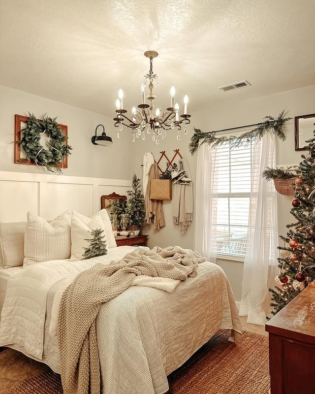 15. Soft Neutral Christmas Bedroom in Cream, Beige, and Natural Green - christmas bedroom ideas