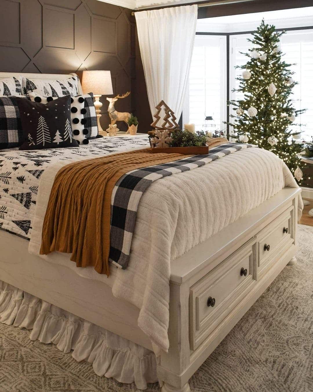 16. Cozy Winter Bedroom in White, Black, and Warm Caramel - christmas bedroom ideas