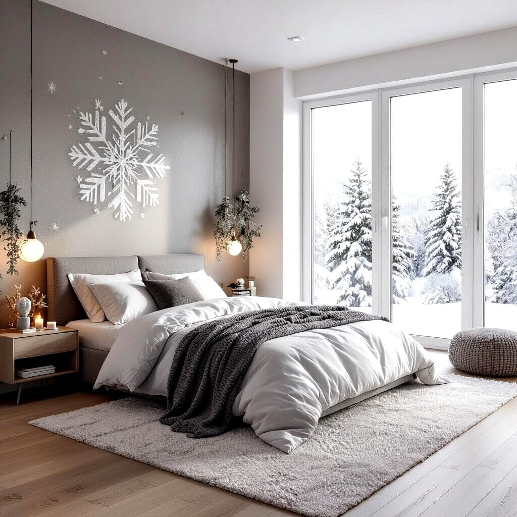 17. Minimal Winter Bedroom in Gray, White, and Soft Silver - christmas bedroom ideas