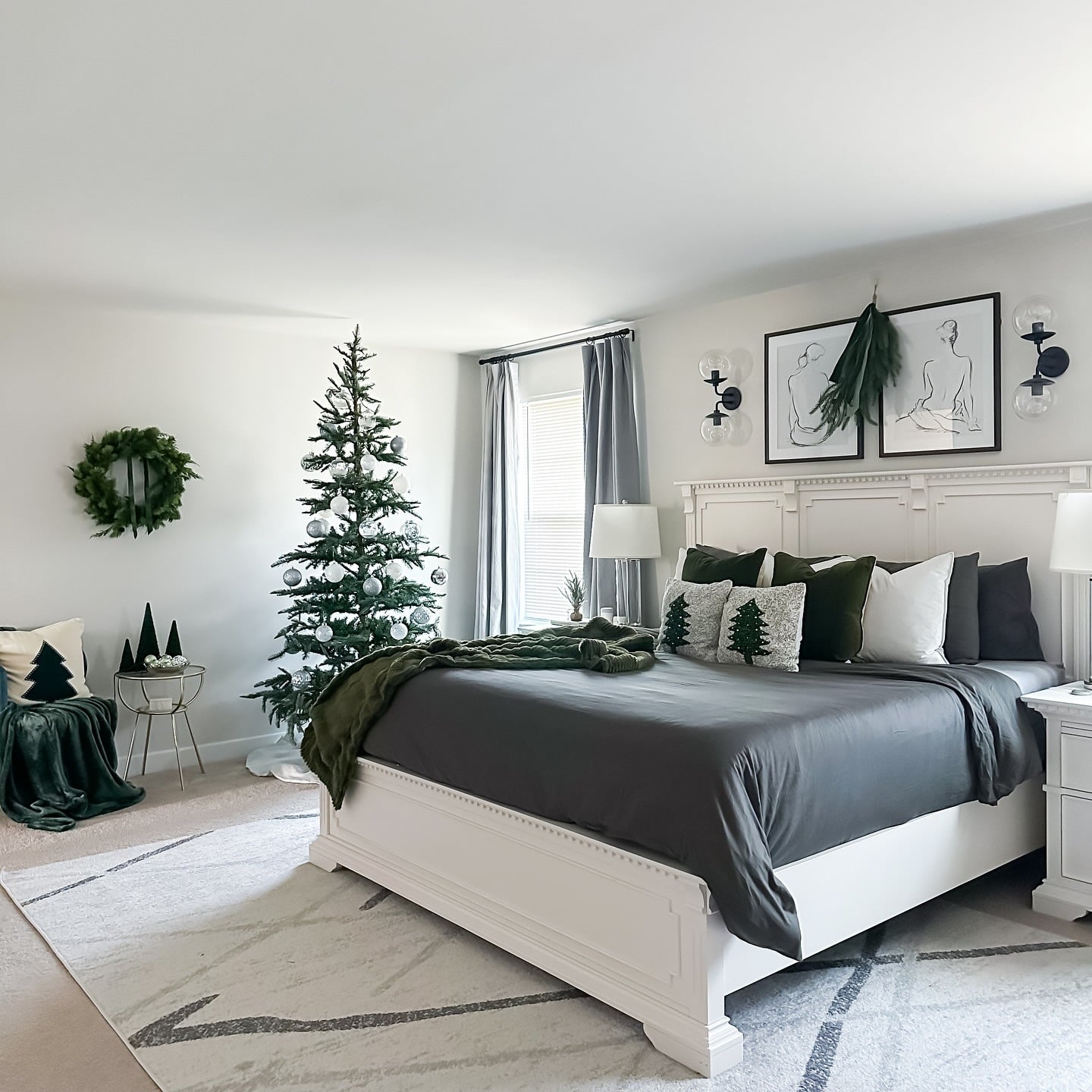 18. Classic Christmas Bedroom in Green, White, and Soft Gray - christmas bedroom ideas