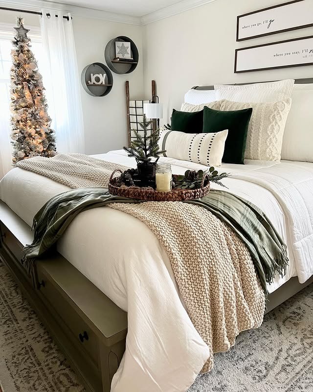 19. Relaxed Holiday Bedroom in Cream, Green, and Warm Wood - christmas bedroom ideas