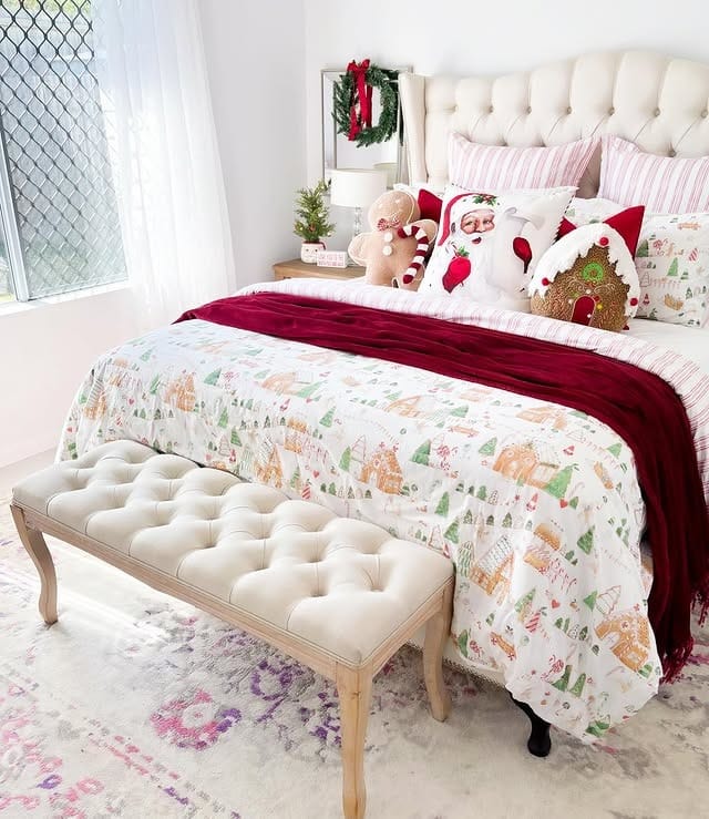 20. Cheerful Christmas Bedroom in Red, Pink, and Soft Neutrals - christmas bedroom ideas