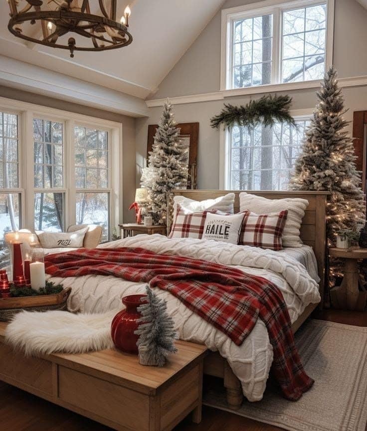 21. Cozy Lodge Christmas Bedroom in Red, Cream, and Natural Wood - christmas bedroom ideas