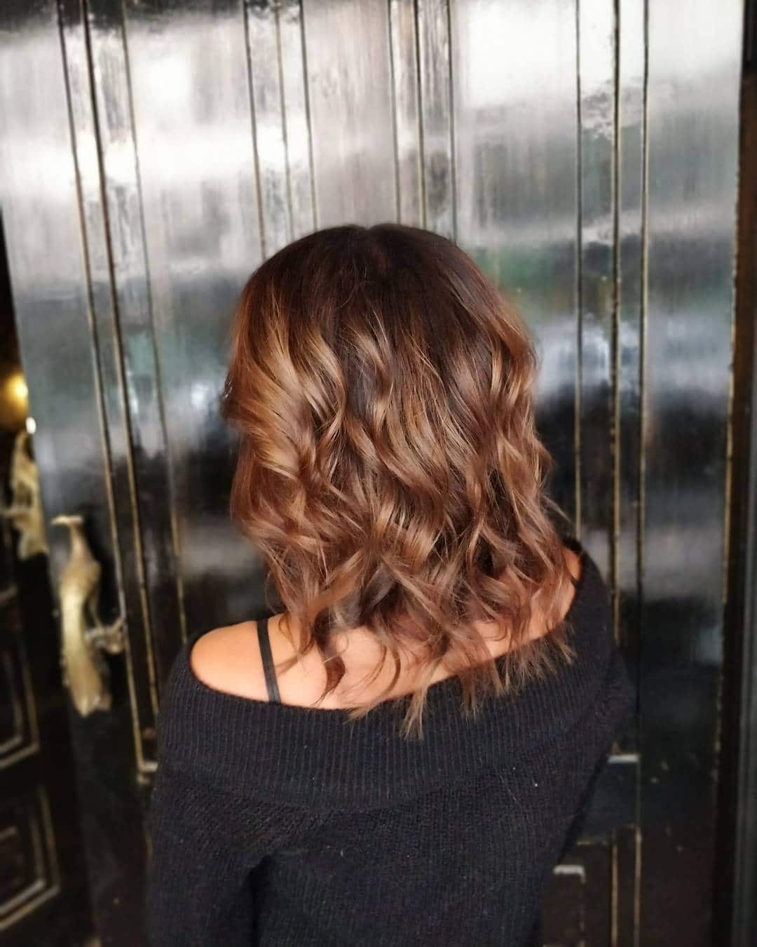 12. Chocolate Brown Textured Lob with Warm Highlights - Chocolate Brown Hair with Highlights