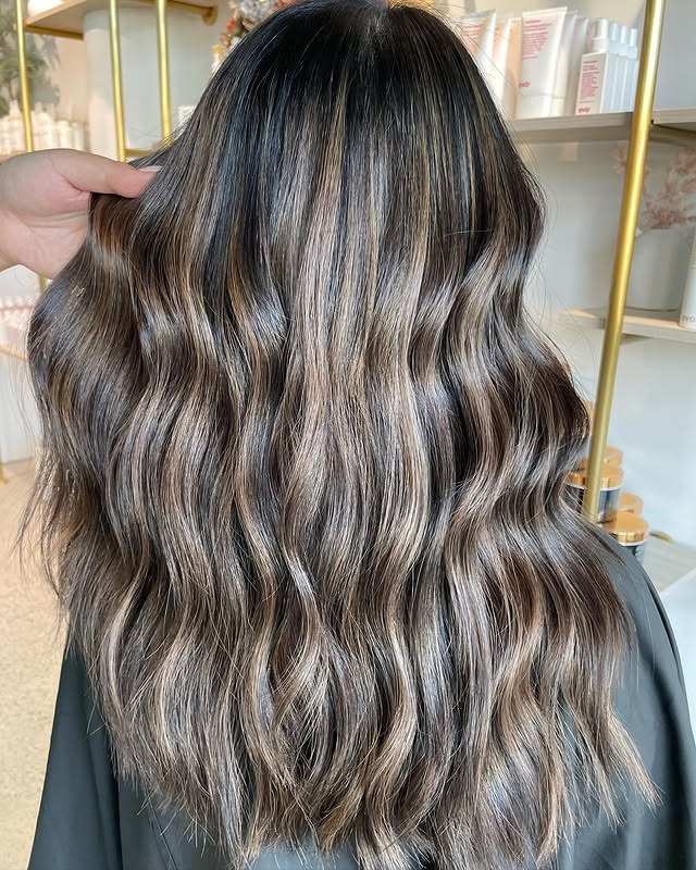 13. Chocolate Brown Waves with Ash-Beige Highlights - Chocolate Brown Hair with Highlights