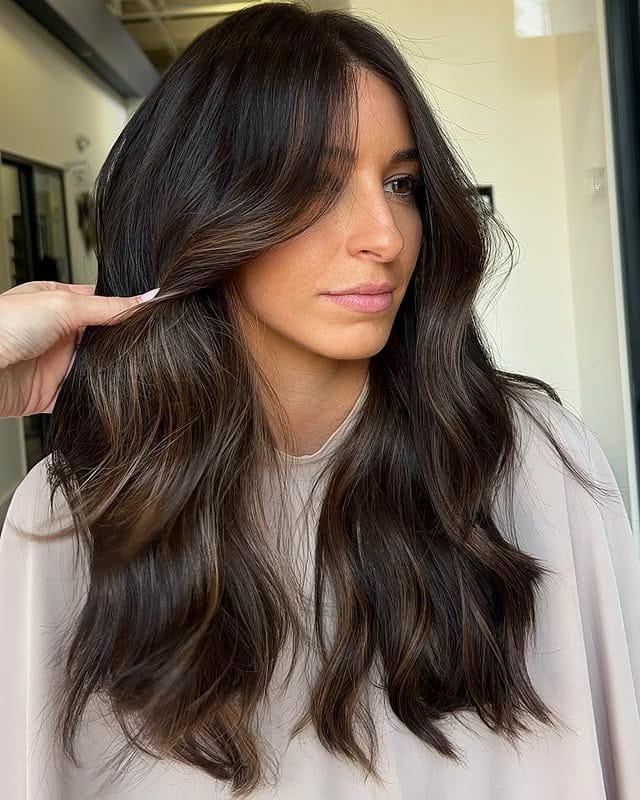 21. Chocolate Brown Long Layers with Soft Face-Framing Highlights - Chocolate Brown Hair with Highlights
