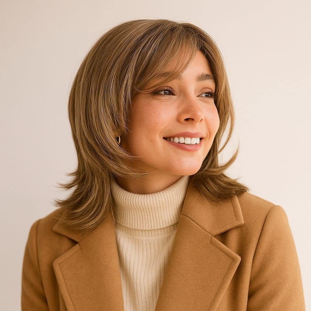 14. Rounded Layered Crop with Wispy Bangs in Light Mocha Brown - Short Layered Haircuts with Bangs