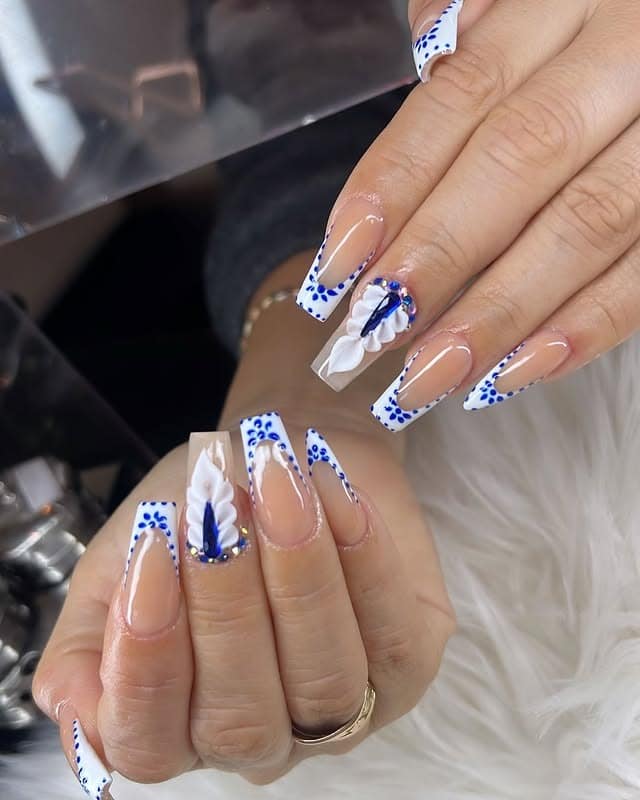 4. French Tip Blue Dot Square Nails - white and blue nail ideas