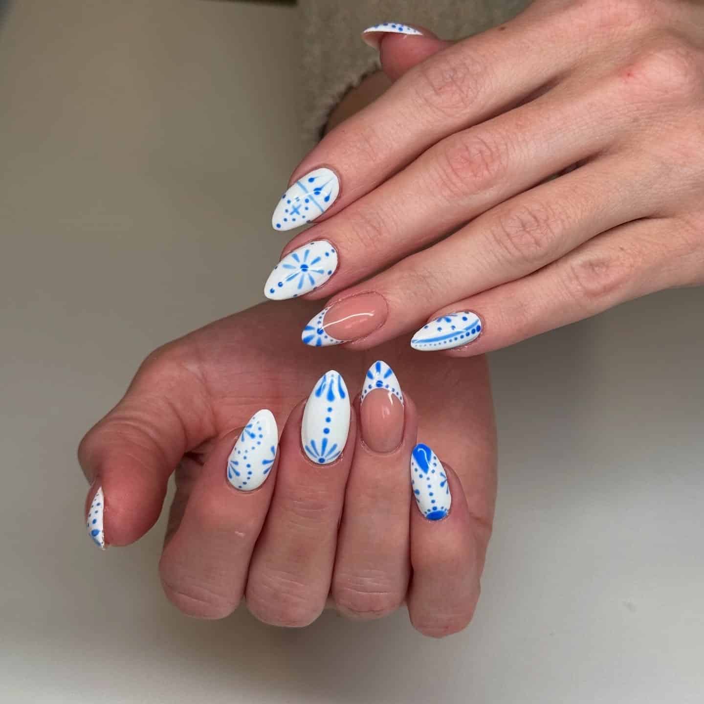 6. Minimal Blue Ceramic Almond Nails - white and blue nail ideas