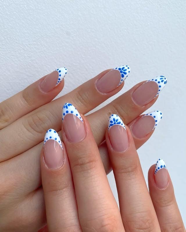 8. Glossy Blue Detail French Nails - white and blue nail ideas