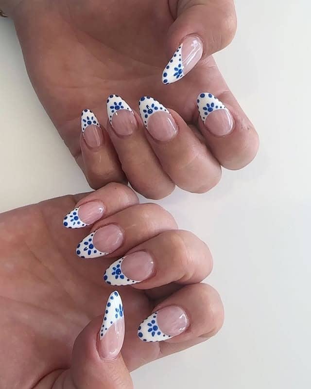 14. Blue Dot French Almond Nails - white and blue nail ideas