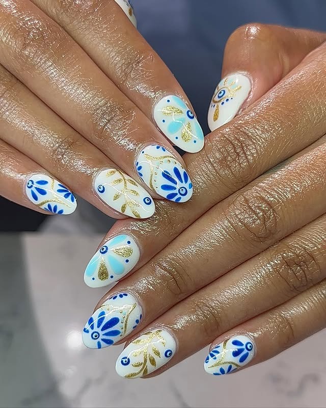 15. Blue Floral Square Acrylic Nails - white and blue nail ideas