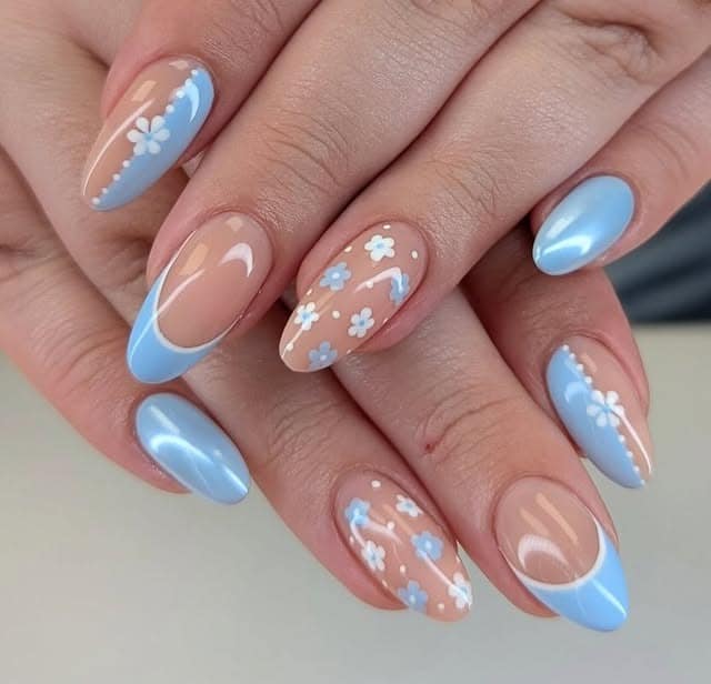 20. Blue Wave Accent Short Square Nails - white and blue nail ideas
