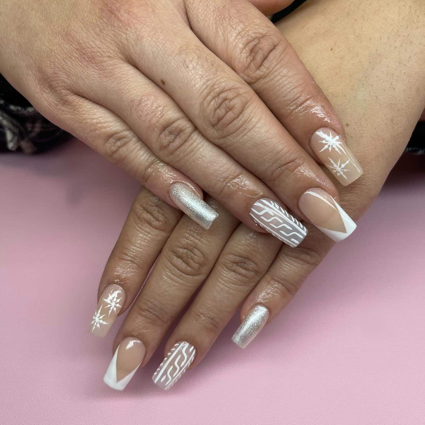 2. Snowflake French with Silver Accent - white christmas nail ideas