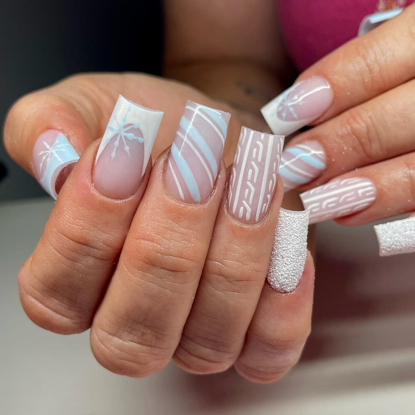 3. Icy Blue and White Graphic Winter Nails - white christmas nail ideas