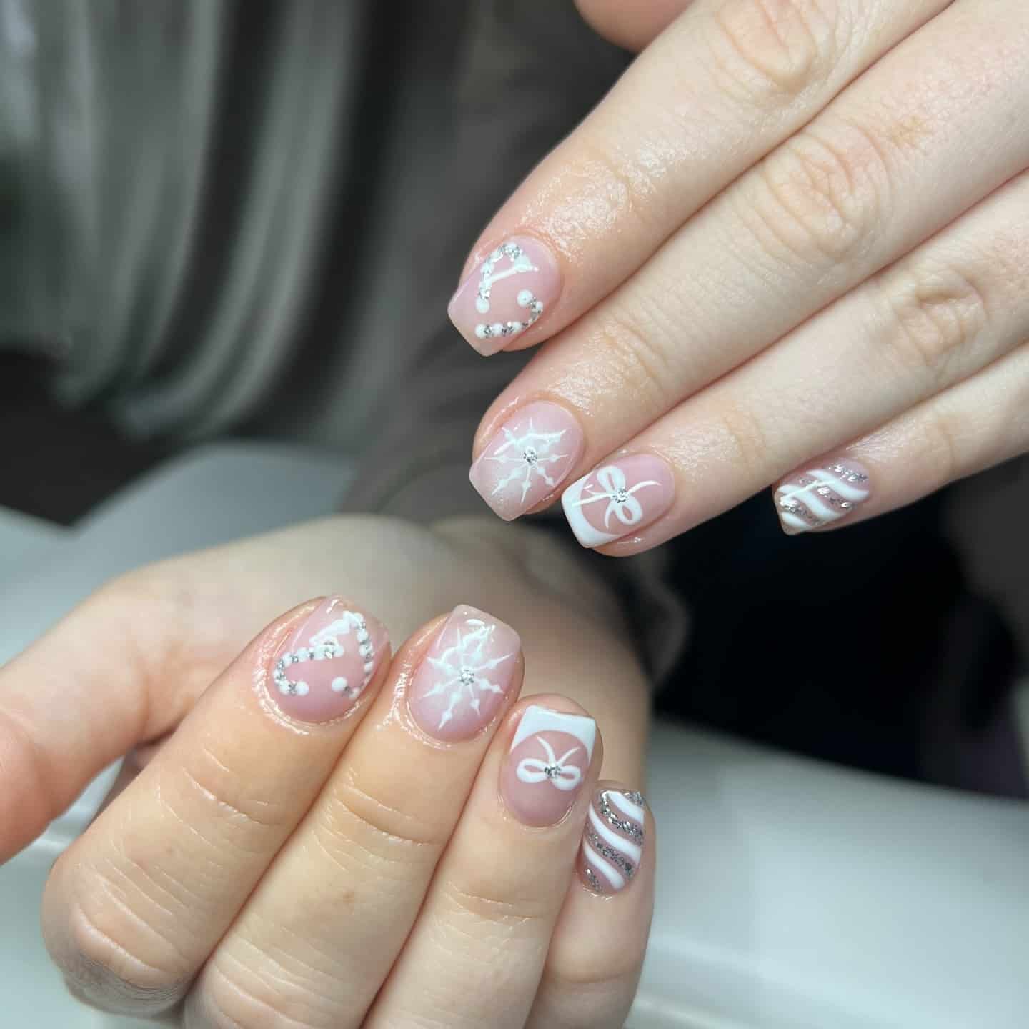 9. Short Winter Snowflake Nails - white christmas nail ideas
