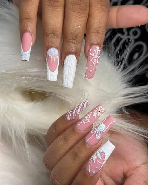 17. Pink and White Mixed Texture Winter Nails - white christmas nail ideas